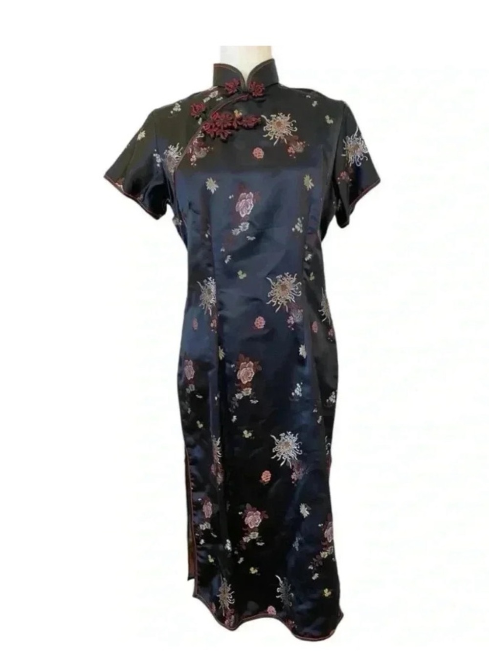 Cathaya Chinese Cheongsam Frog Fastening Silk Dress Mandarin Size 40 (Medium)